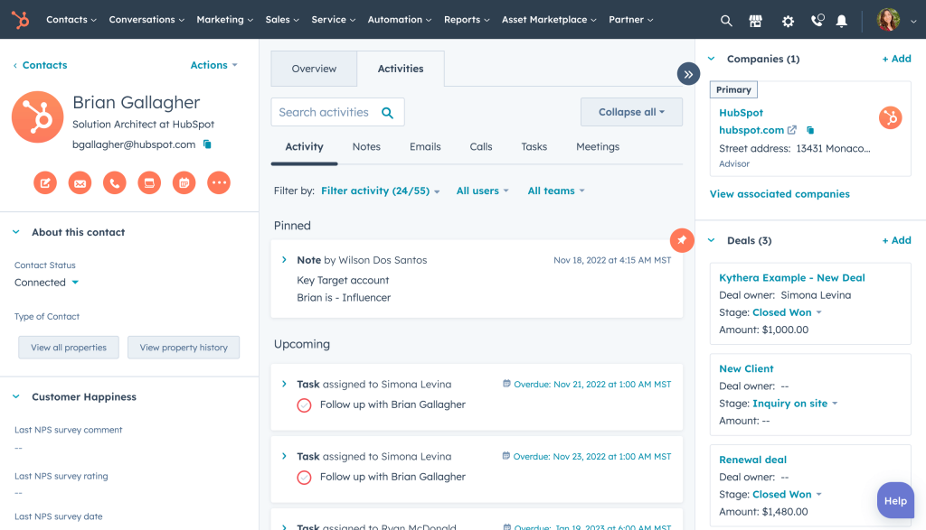 Screenshot of HubSpot Marketing Hub's Workflow feature sending an email to contacts based on a certain criteria. 