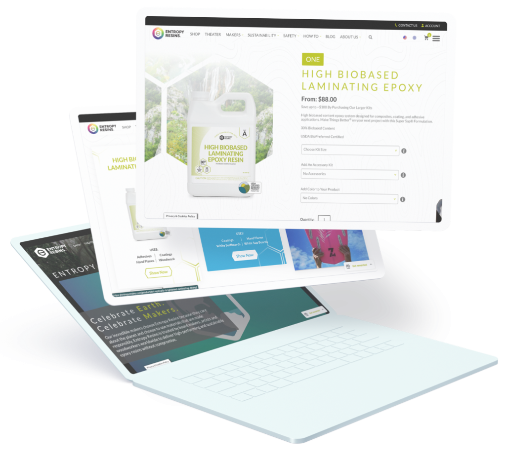 Entropy Resins Home page and product images appearing laptop