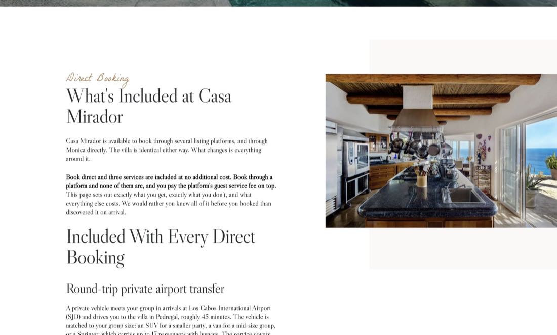 Casa Mirador direct booking page explaining what is included