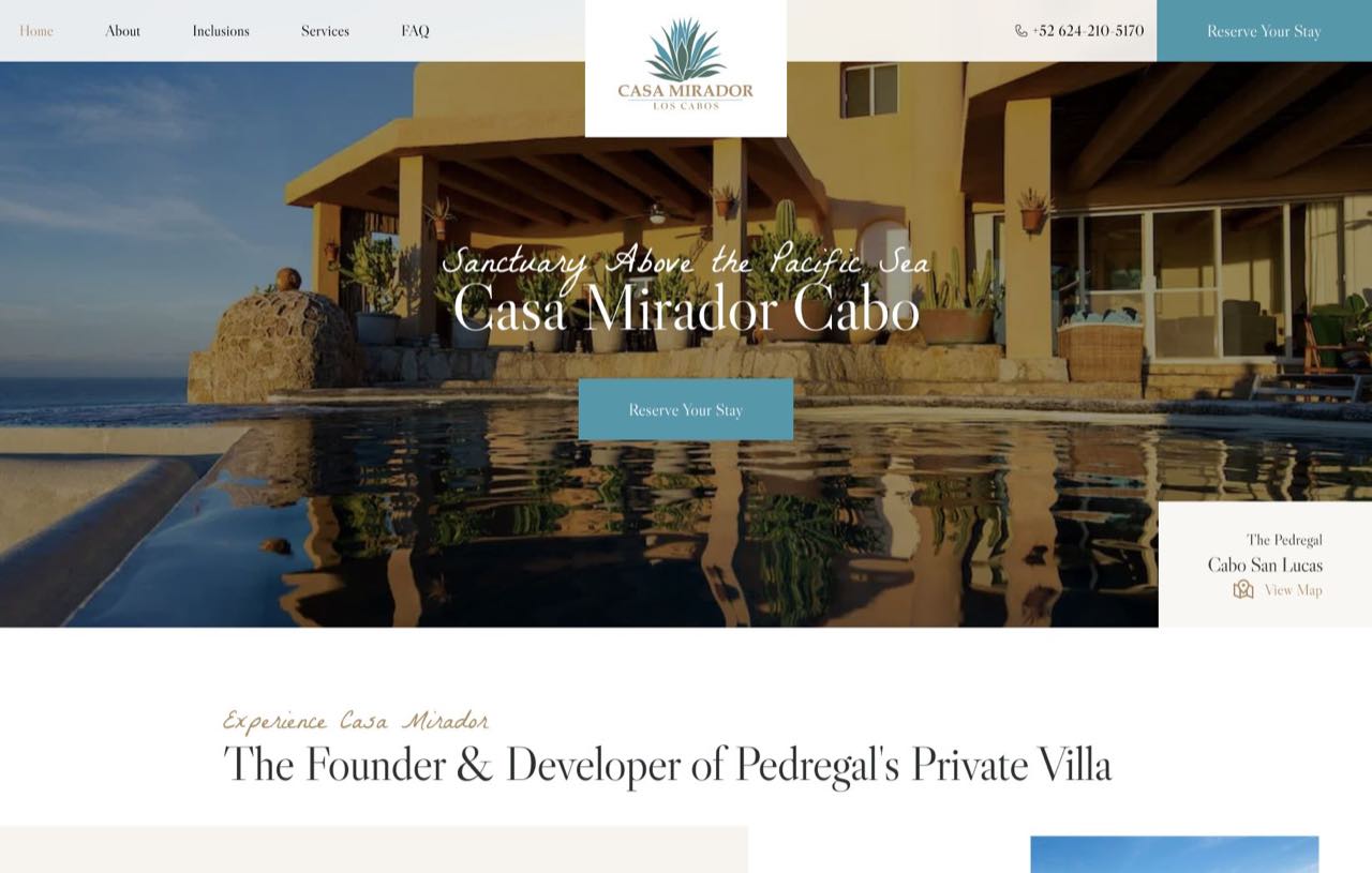 Casa Mirador Cabo homepage featuring the oceanfront villa and reservation link