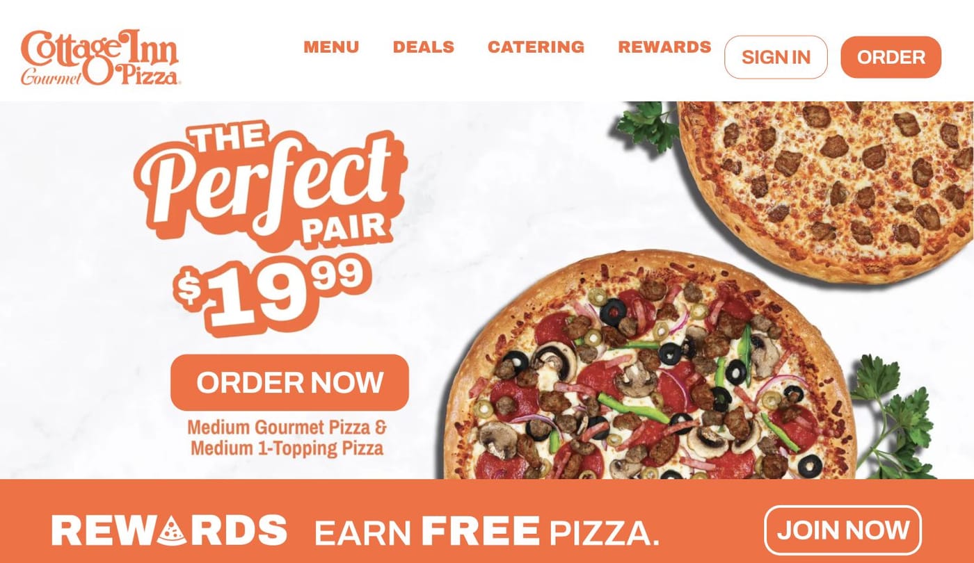 Cottage Inn homepage with a featured pizza offer and rewards promotion.