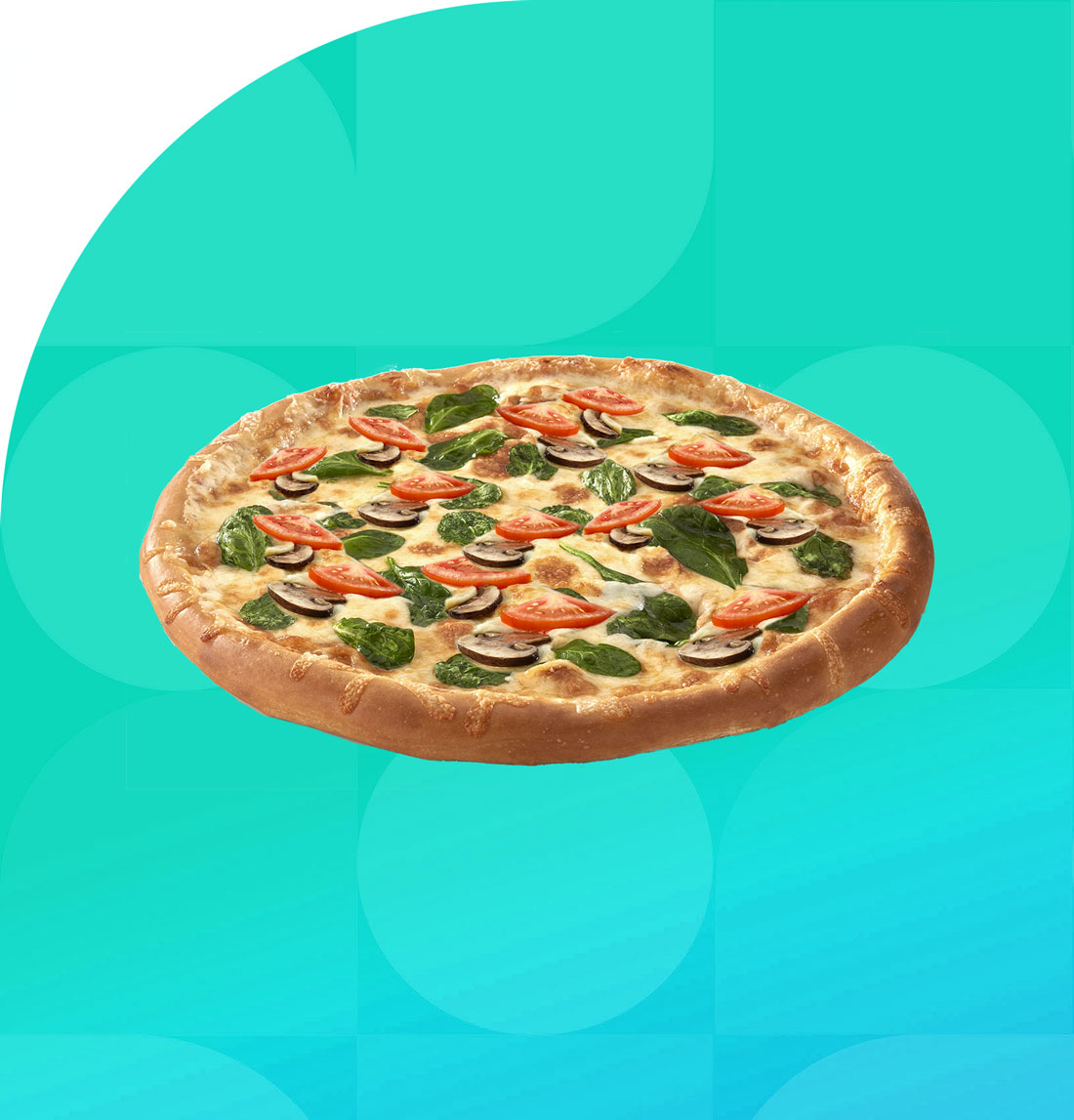 Cottage Inn Spinach Alfredo pizza on a teal Perfect Afternoon pattern