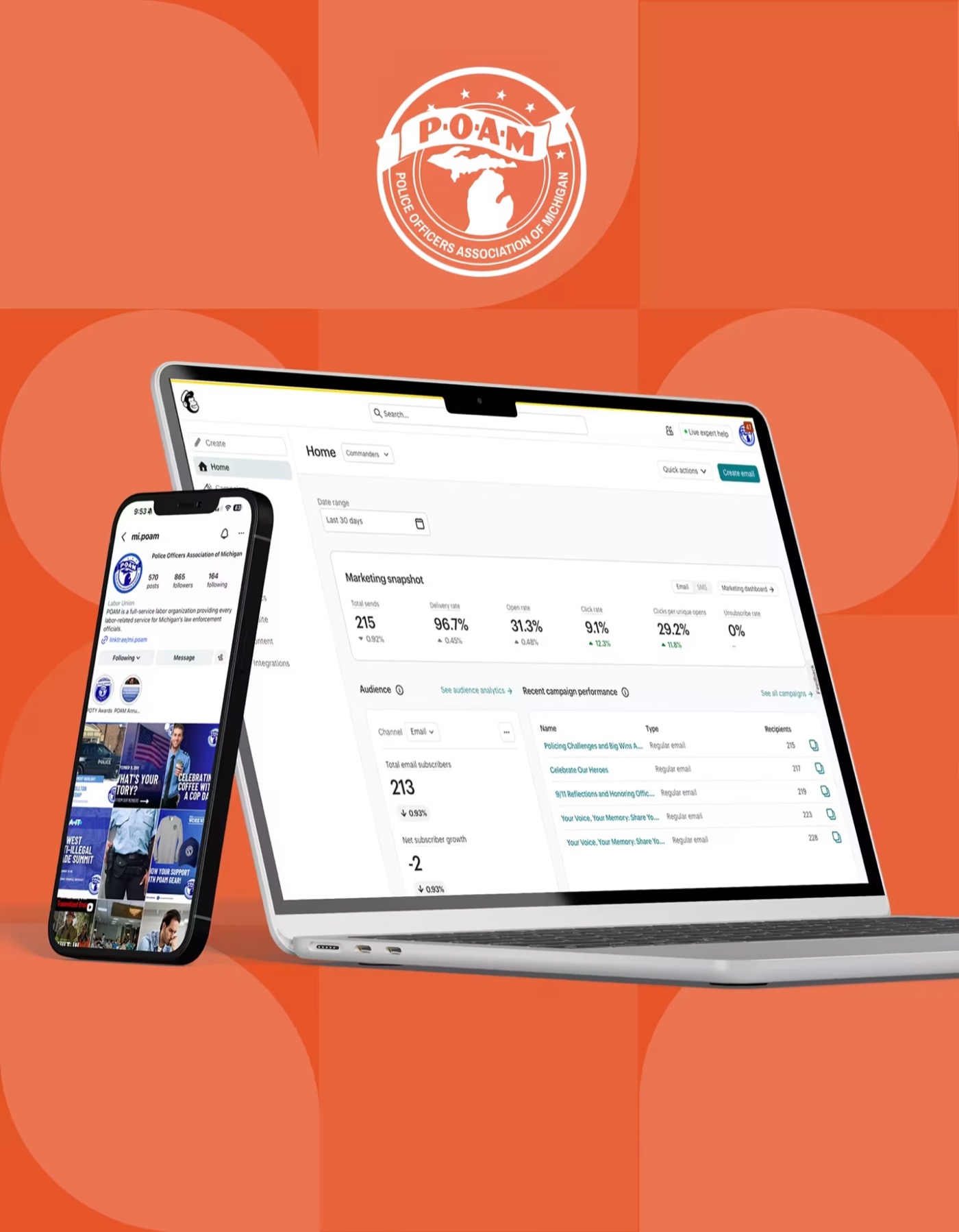POAM email marketing and social media displayed on a laptop and phone
